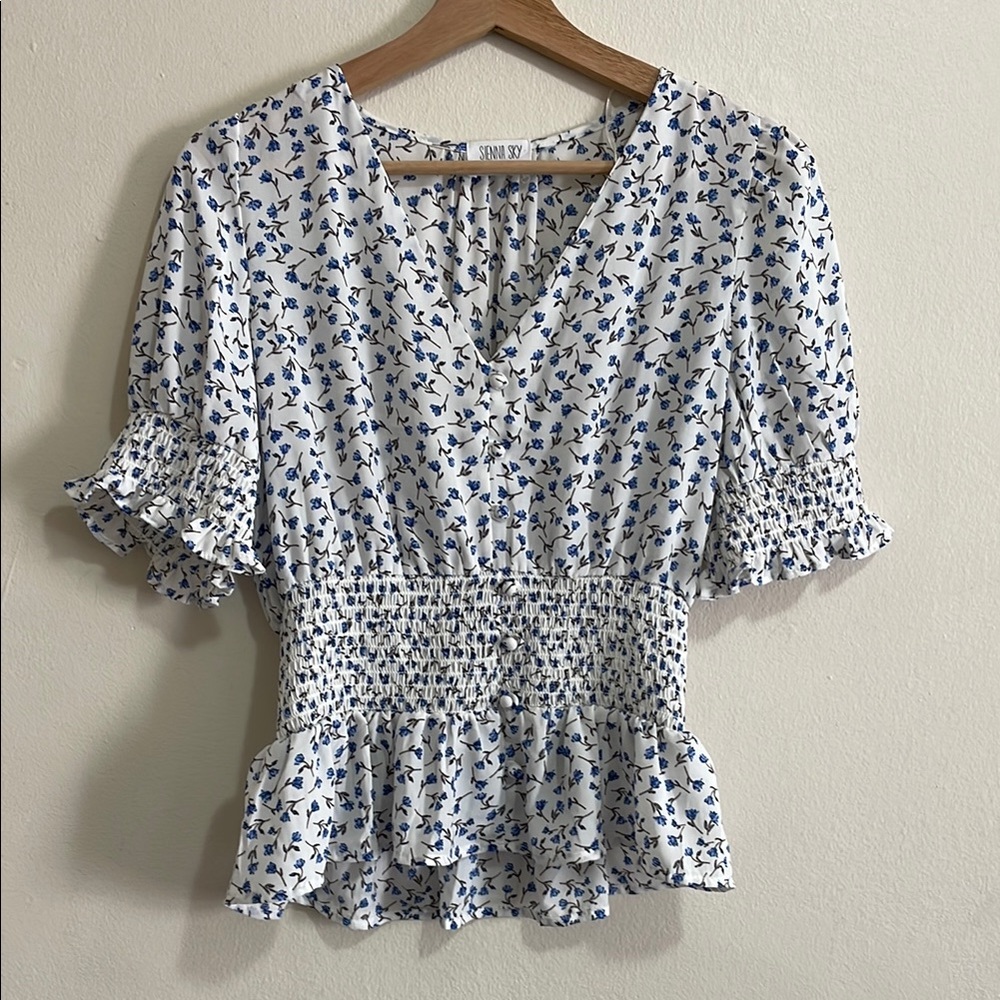 Blue Floral Smocked Women's Top